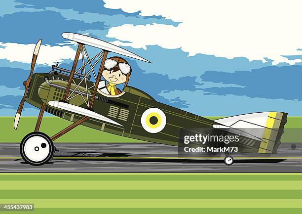 ww1 style military biplane & pilot - airplane landing gear stock illustrations