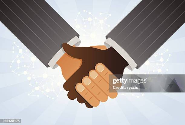 interracial business handshake - handshake blue background stock illustrations