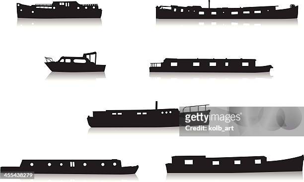 canal boat silhouettes - motor boat stock illustrations