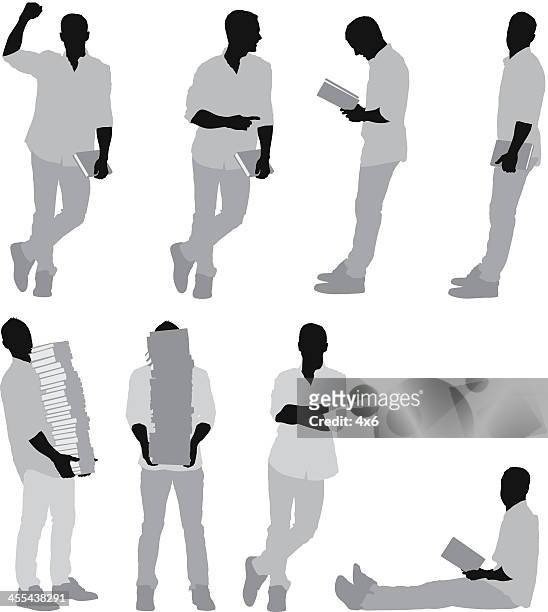 stockillustraties, clipart, cartoons en iconen met multiple images of a man with books - leaning