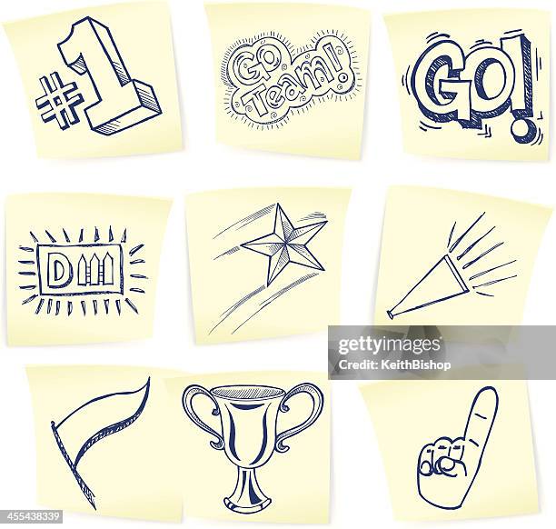 ilustraciones, imágenes clip art, dibujos animados e iconos de stock de deportes de símbolos de garabatos en post-it - superestrella deportista
