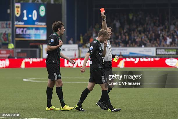 , Eric Botteghin of FC Groningen, Rasmus Lindgren of FC Groningen, Bjorn Kuipers, Scheidsrechter, rode kaart during the Dutch Eredivisie match...