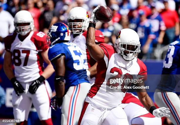 Running back Jonathan Dwyer of the Arizona Cardinals celebrates after scoring a touchdown in the first quarter against the New York Giants during a...