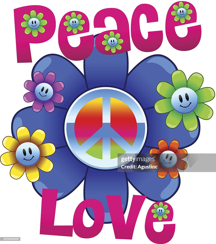 Colorful peace and love illustration with flowers