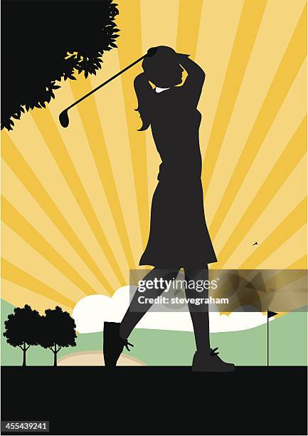woman golfer teeing off. - sand trap stock illustrations