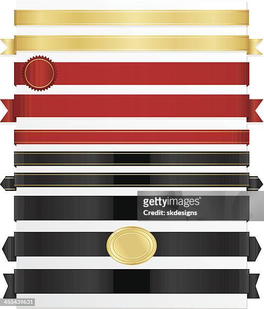 rot, glänzendes gold und schwarzer satin bänder etiketten, aufkleber, banner-set - gold satin ribon stock-grafiken, -clipart, -cartoons und -symbole