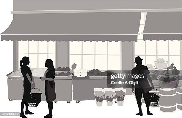 illustrations, cliparts, dessins animés et icônes de grocerytalk - marché légumes