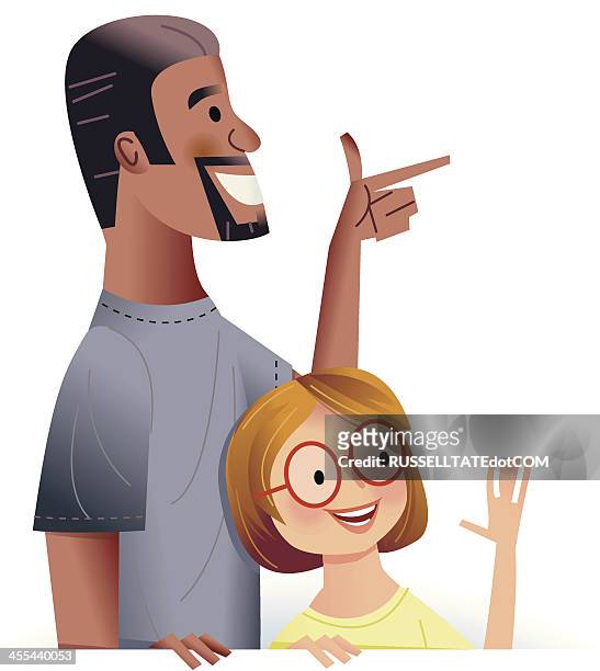 small crowd pointing and waving - short guy tall woman stock illustrations