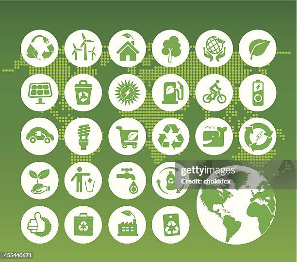 eco green icons on digital world map - wind farm sea stock illustrations