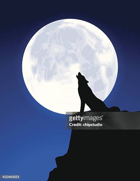 black silhouette of a wolf howling at a full moon - howling stock illustrations