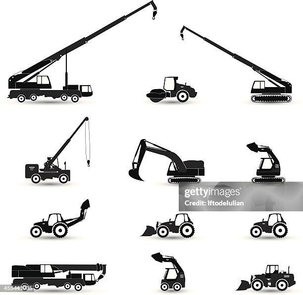 black and white construction machines - dump truck cartoon stock illustrations