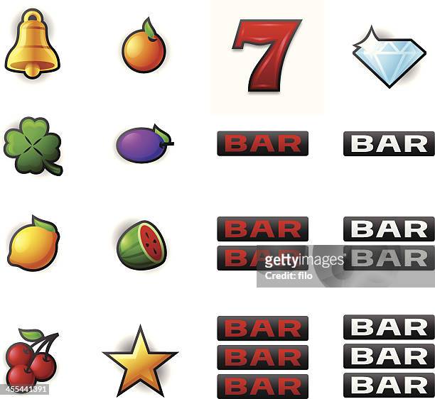 ilustraciones, imágenes clip art, dibujos animados e iconos de stock de tragaperras símbolos de juegos - slot machine