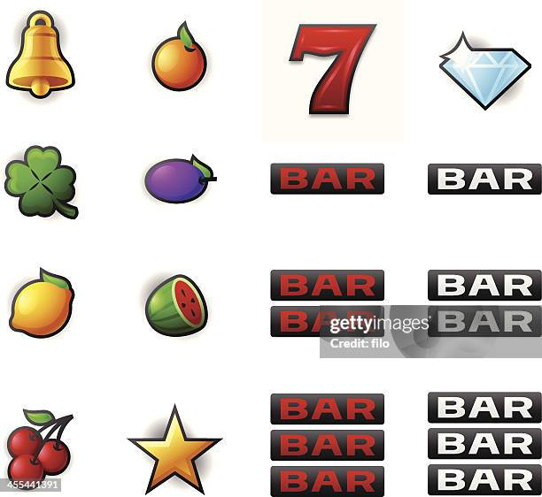 ilustrações de stock, clip art, desenhos animados e ícones de jogos de azar slot machine símbolos - fruit machine