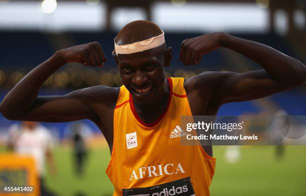 Caleb Mwangangi Ndiku of Africa celebrates winning the Mens 3000m Final during Day two of the IAAF Continental Cup at the Stade de Marrakech on...