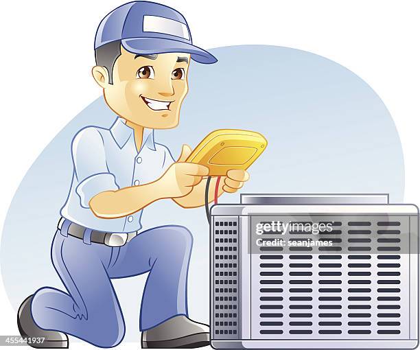 illustrazioni stock, clip art, cartoni animati e icone di tendenza di & aria condizionata, riscaldamento, ventilazione e aria condizionata (hvac), diagnostica e riparatore - maintenance engineer