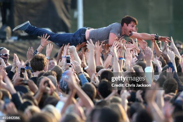 Singer James Blunt crowd surfs at the Invictus Games Closing Ceremony during the Invictus Games at Queen Elizabeth park on September 14, 2014 in...