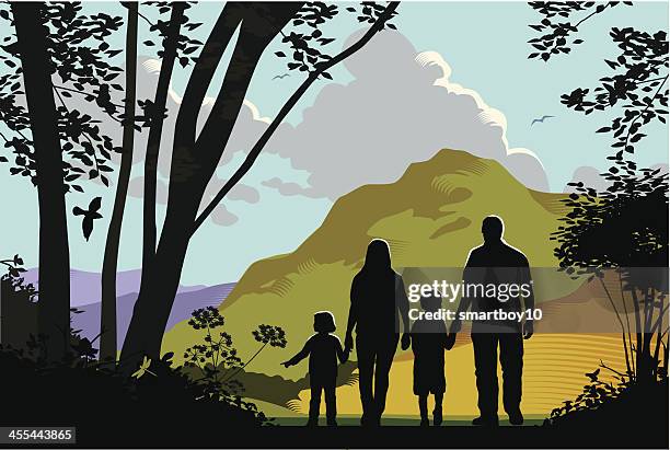 countryside walk - family hiking stock illustrations