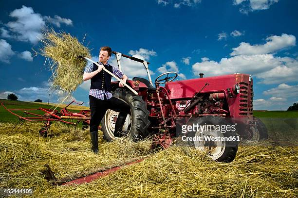germany, bavaria, farmer with rake in field - bauer bayern stock-fotos und bilder