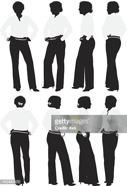 multiple images businesswoman with hands on hips - hair bun stock illustrations