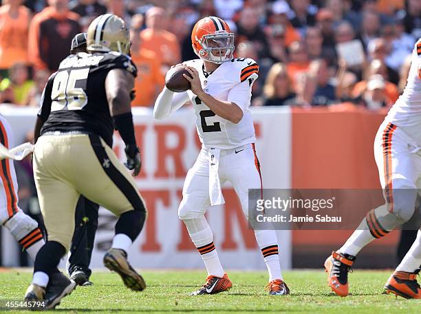 Johnny Manziel of the Cleveland Browns looks to pass during the third quarter against the New Orleans Saints at FirstEnergy Stadium on September 14,...