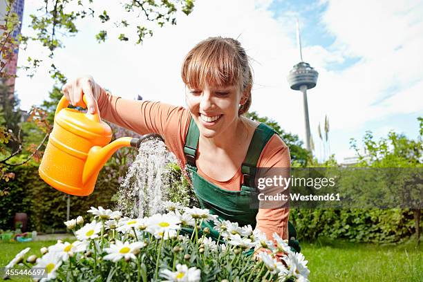 germany, cologne, young woman watering flowers, smiling - giesskanne stock-fotos und bilder