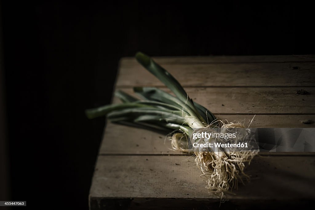 Bunch of spring onions tied with string, close up