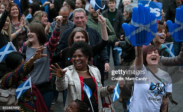 Yes supporters celebrate outside the Usher Hall, which is hosting a Night for Scotland on September 14, 2014 in Edinburgh, Scotland. With the...