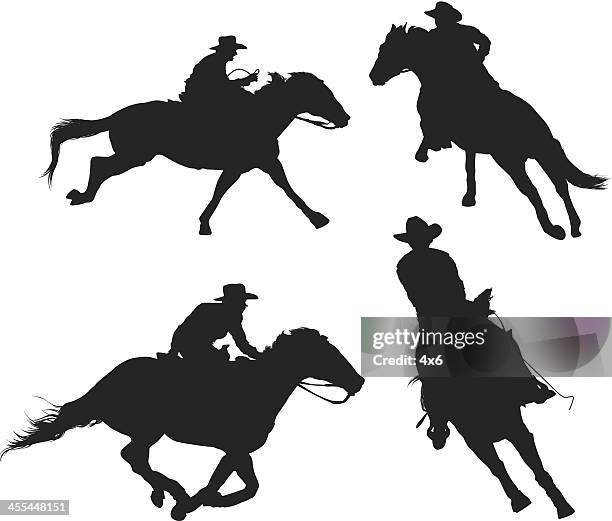 illustrations, cliparts, dessins animés et icônes de plusieurs silhouettes de rodéo - cheval