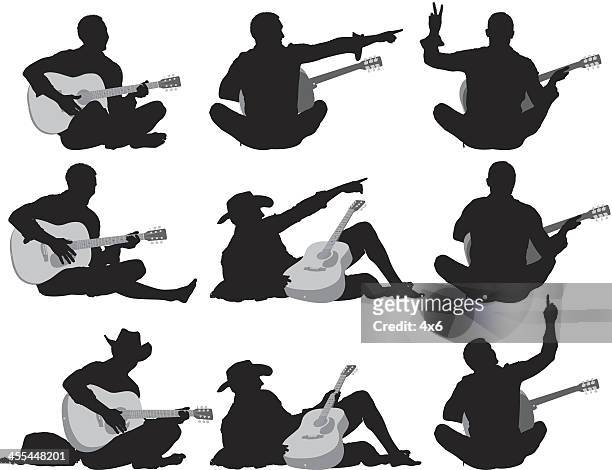 silhouetten der männer spielen gitarre - guitar stock-grafiken, -clipart, -cartoons und -symbole