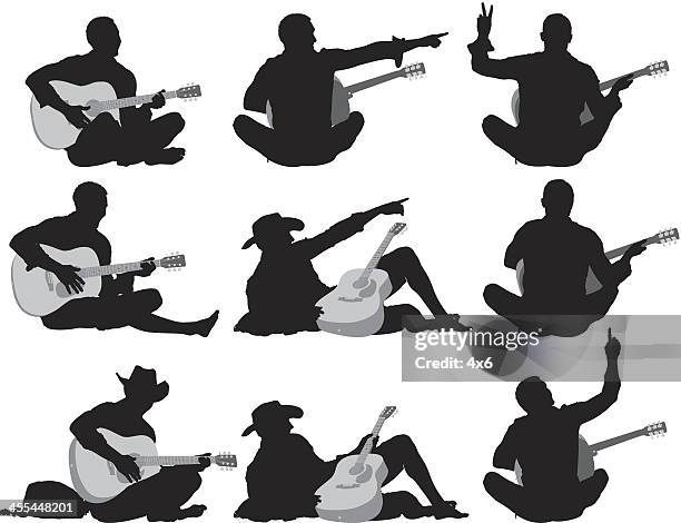 stockillustraties, clipart, cartoons en iconen met silhouettes of men playing guitar - een instrument plukken