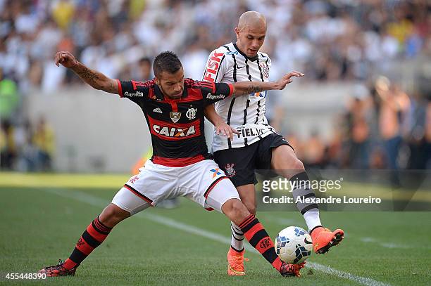 Canteros of Flamengo battles for the ball with Fabio Santos of Corinthians during the match between Flamengo and Corinthians as part of Brasileirao...