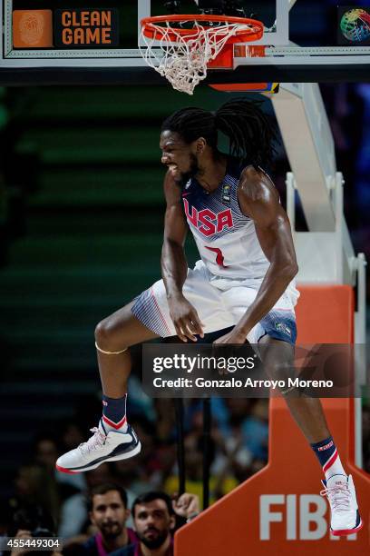 Kenneth Faried of the USA celebrates after a dunk during the 2014 FIBA World Basketball Championship final match between USA and Serbia at Palacio de...