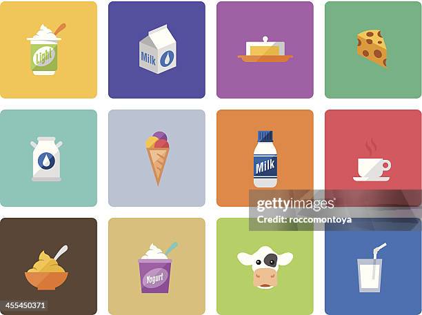 ilustrações de stock, clip art, desenhos animados e ícones de conjunto de ícones de cor de produtos lácteos - milk