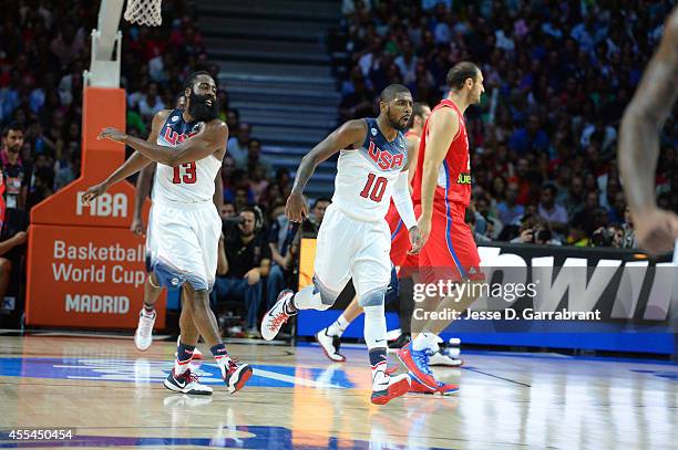 Kyrie Irving and James Harden of the USA Men's National Team celebrates against the Serbia National Team during the 2014 FIBA World Cup Finals at...