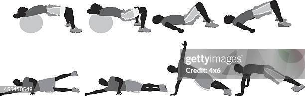 multiple silhouettes of men exercising - exercise routine stock illustrations
