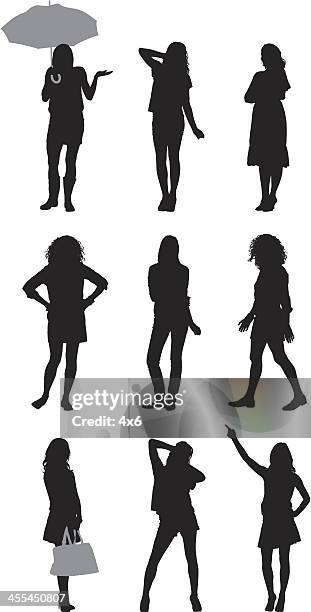 multiple silhouettes of women posing - index finger white background stock illustrations