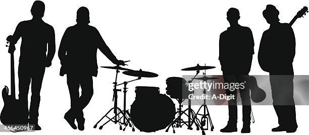 four man band vector silhouette - drum set stock illustrations