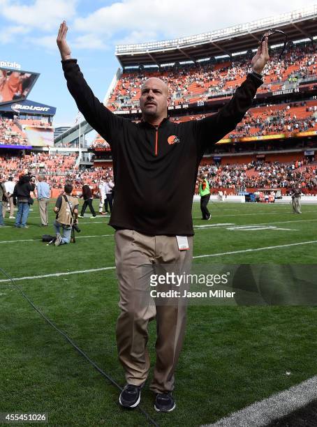 Head coach Mike Pettine of the Cleveland Browns celebrates after a 26-24 win over the New Orleans Saints at FirstEnergy Stadium on September 14, 2014...