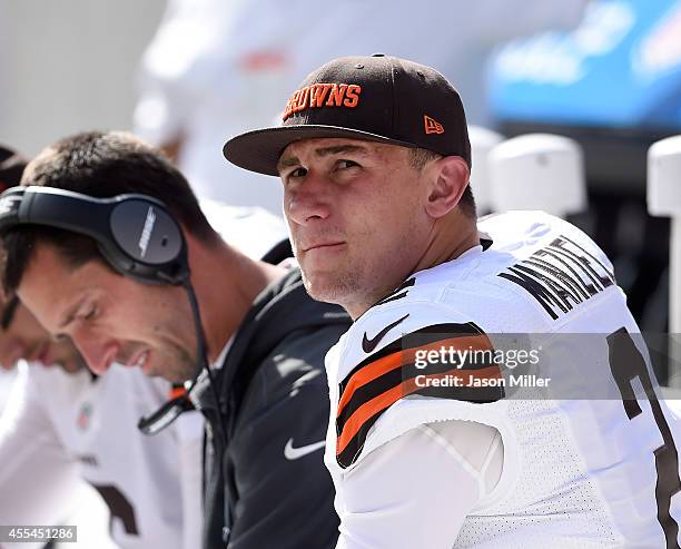 Johnny Manziel of the Cleveland Browns looks on from the bench during the third quarter against the New Orleans Saints at FirstEnergy Stadium on...