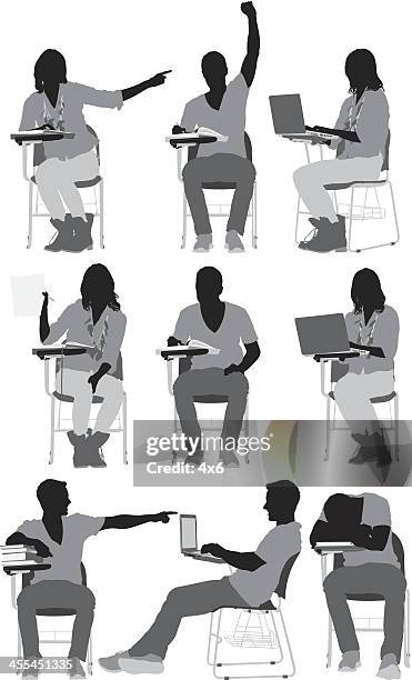 multiple silhouettes of students sitting on chair - school desk white background stock illustrations