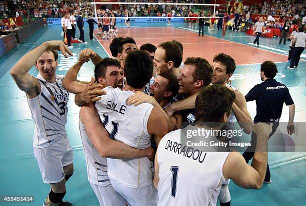 Argentina's team happiness after the match , during the FIVB World Championships match between Argentina and USA on Septembert 14, 2014 in Bydgoszcz,...