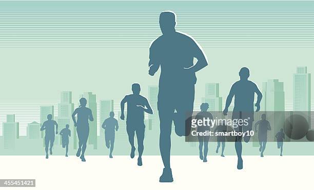 illustrazioni stock, clip art, cartoni animati e icone di tendenza di maratona corridori in città - jogging