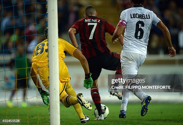 Milan's French forward Jeremy Menez scores during the Serie A football match Parma vs AC Milan at Parma's Ennio Tardini Stadium on September 14,...