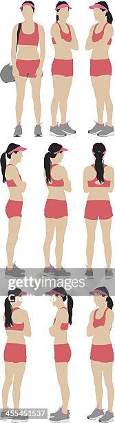 multiple images of a woman in sports clothing - daisy dukes stock illustrations