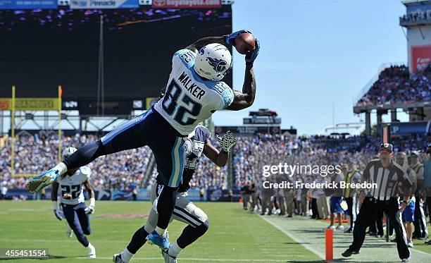Delanie Walker of the Tennessee Titans catches the ball in the end zone moments before landing out of bounds for an incomplete pass against the...
