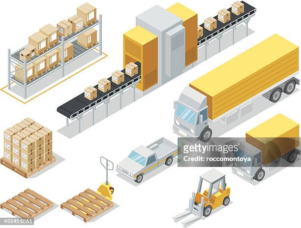 isometric logistic delivery - manufacturing equipment stock illustrations