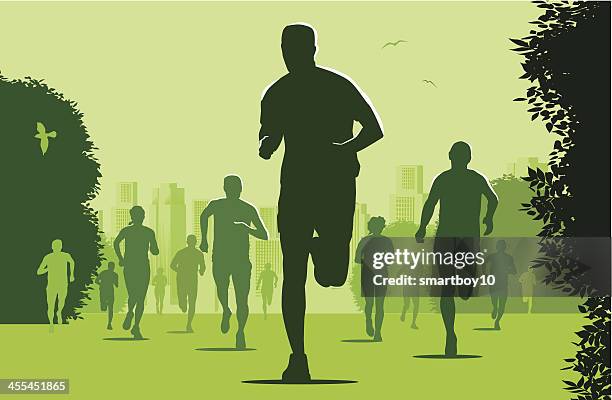 illustrazioni stock, clip art, cartoni animati e icone di tendenza di maratona corridori nel city park - maratona