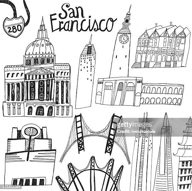 ilustrações, clipart, desenhos animados e ícones de edifícios famosos e pontes em san francisco, califórnia, eua - golden gate bridge
