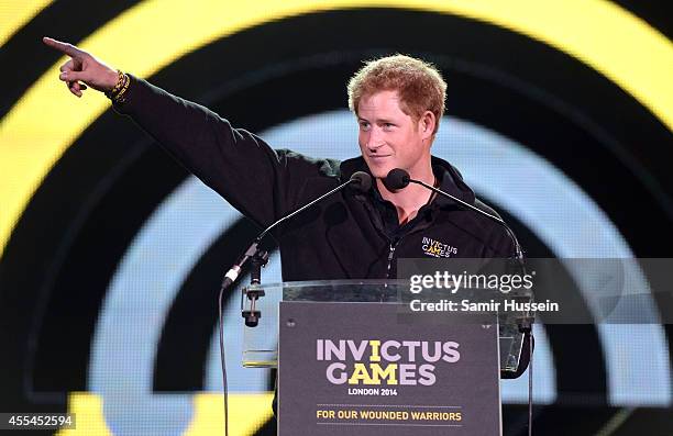 Prince Harry speaks onstage during the Invictus Games Closing Concert at the Queen Elizabeth Olympic Park on September 14, 2014 in London, England.