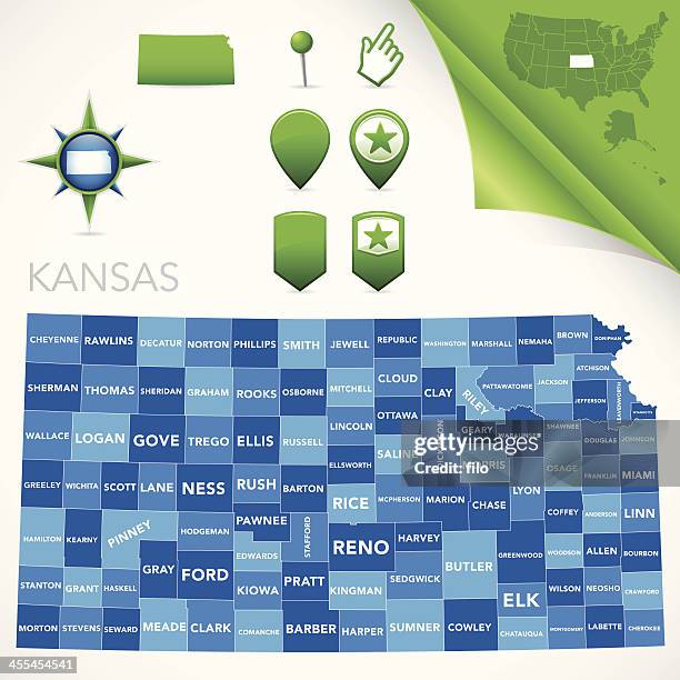 stockillustraties, clipart, cartoons en iconen met kansas county map - kansas